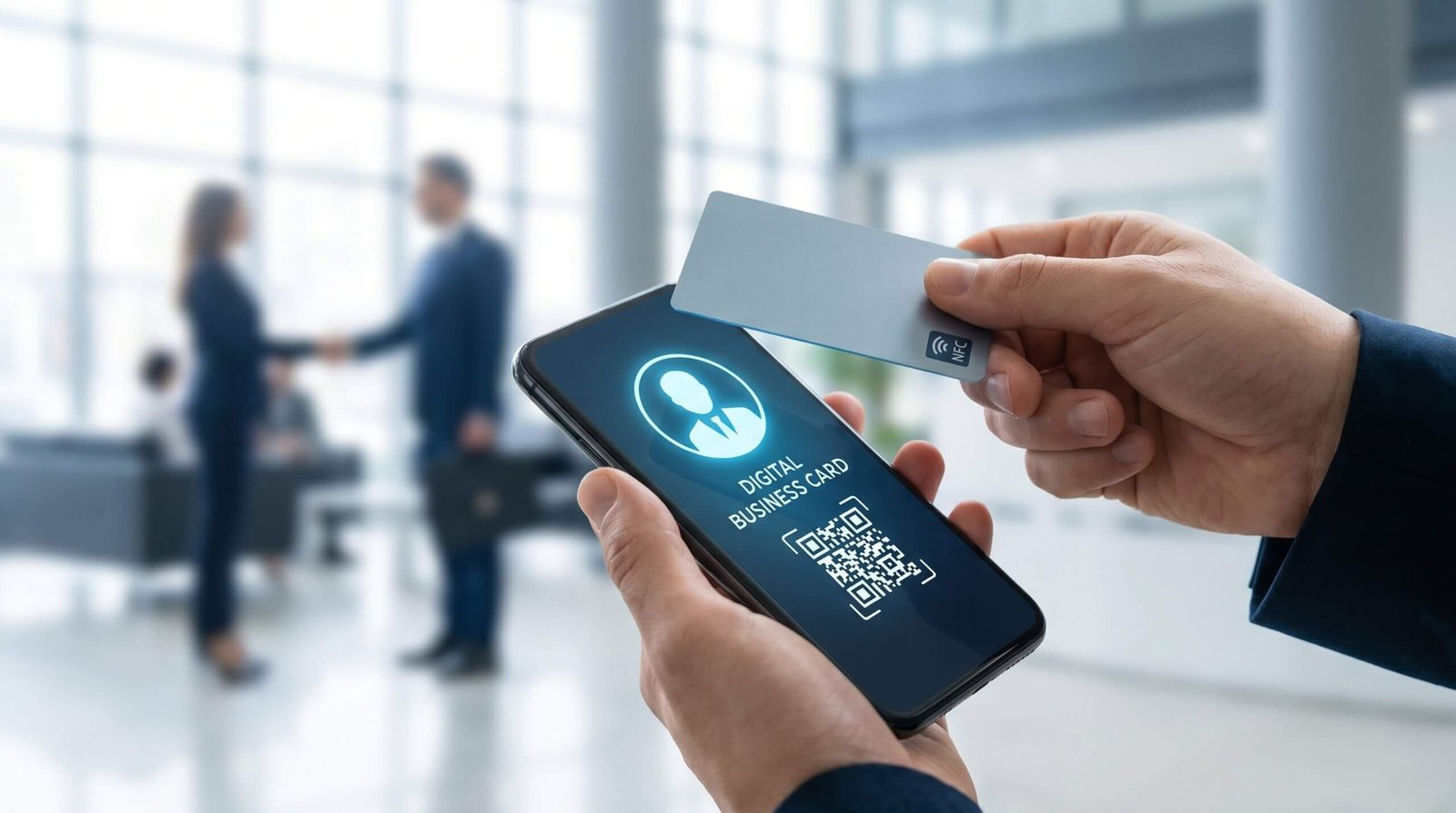 Intercambio de tarjeta de presentación digital DP Smart Cards con código QR y tecnología NFC en un smartphone, en un entorno de oficina profesional.