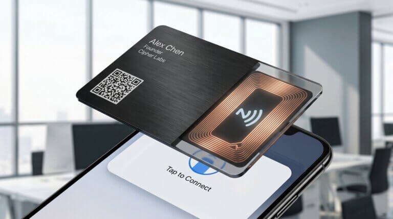 Tarjeta de presentación digital inteligente interactiva con código QR sobre un celular.