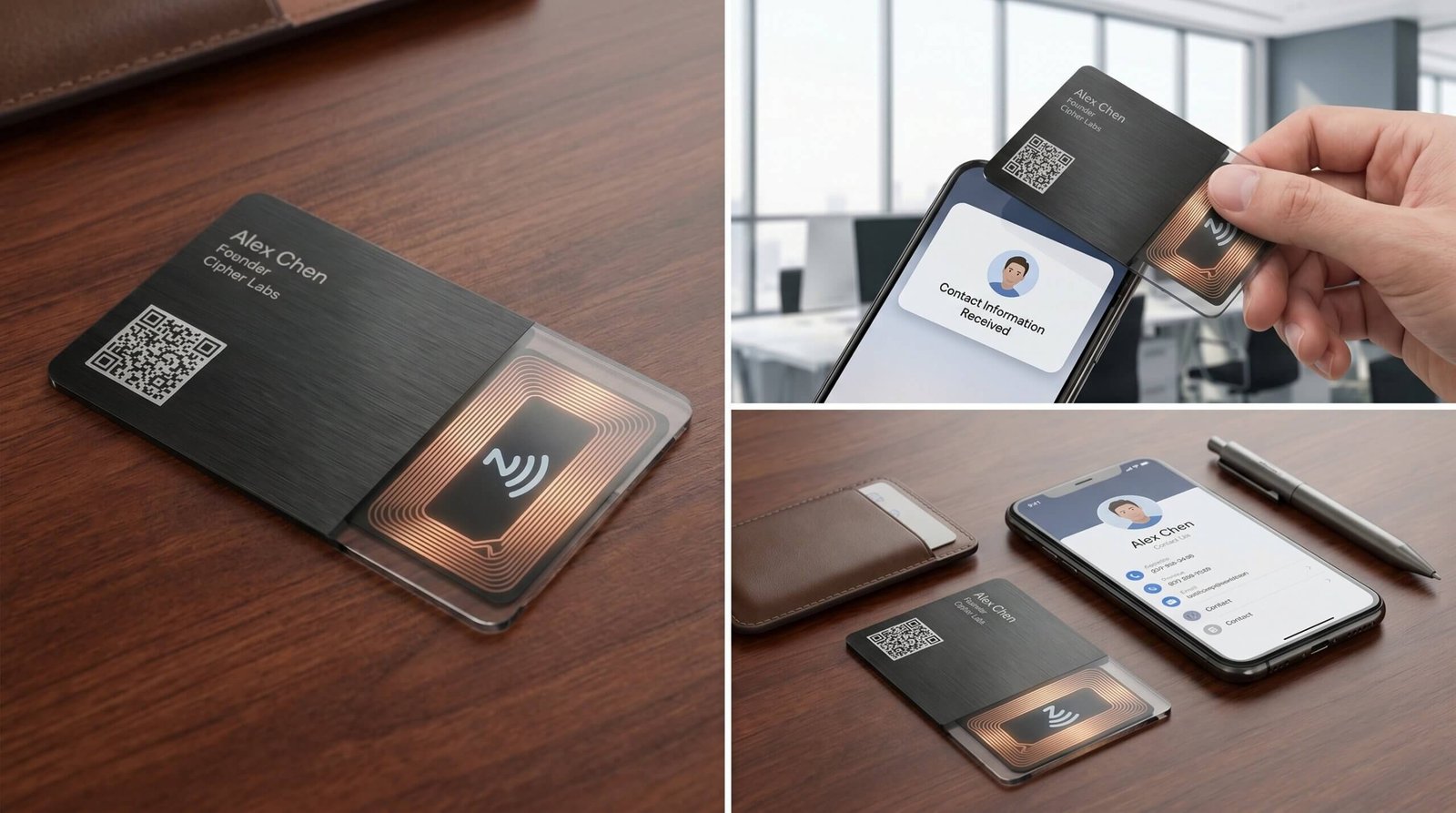 Tarjeta de presentación digital DP Smart Cards negra con tecnología NFC transfiriendo datos a un teléfono móvil.