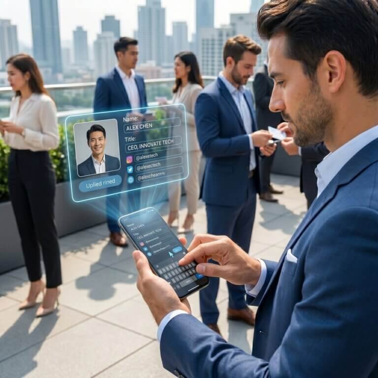 Empresario en una terraza urbana utilizando un smartphone para proyectar una tarjeta de presentación digital holográfica en 3D.